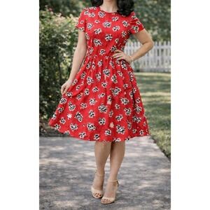 Vintage Red Polka Dot Floral Midi Dress Short Sleeve Elastic Waist Size 14 USA